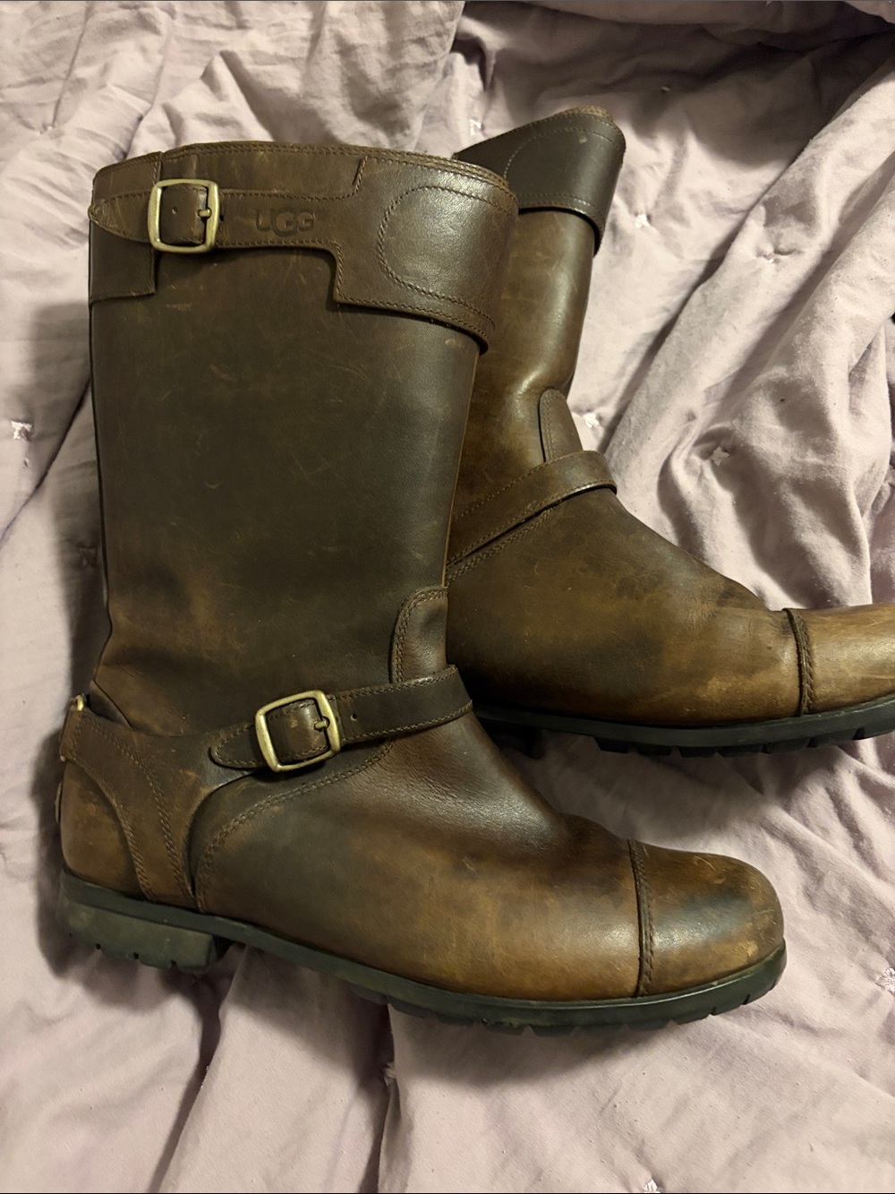 UGG ladys Brown Leather Mid-Calf Buckle Boots